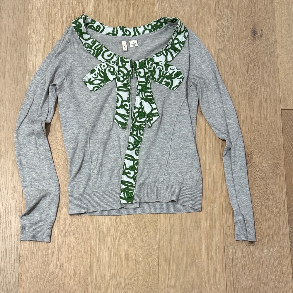 NWOT Anthropologie Moth Gray Long Sleeve Cardigan with Green Accents size SP